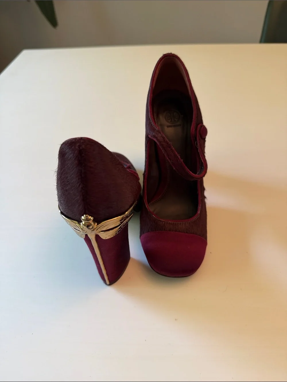 Tory Burch Women's Burgundy Mary Jane Heels with Gold dragonfly Accent